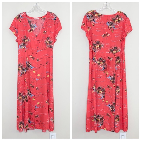 Reformation Denise Midi Dress (Sz XL) Button Down Tencel Red Fiji Print - Picture 3 of 15